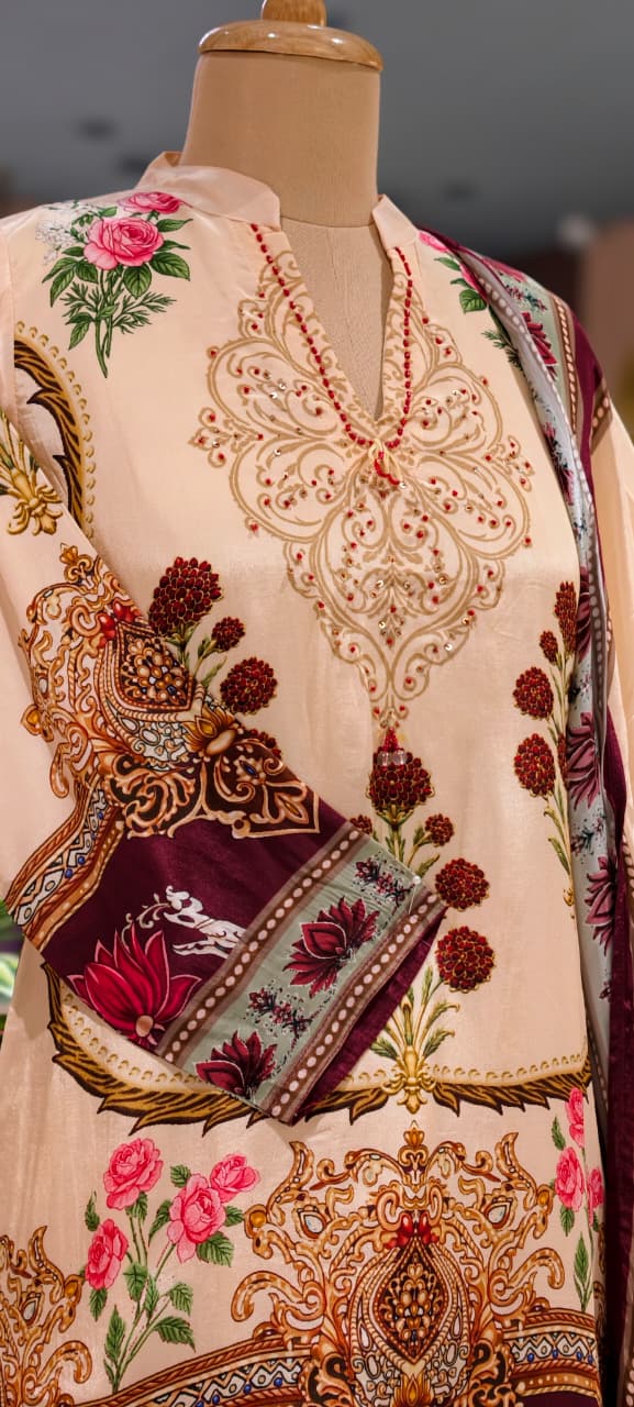 Lotus Inspired Lawn Bold Print Crepe Farshi Salwar Full Suit Set With Dupatta- 15511