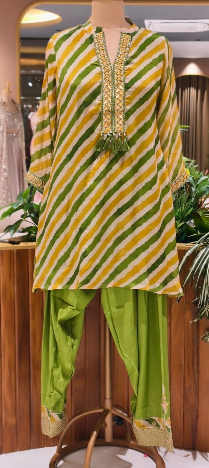 Foli Mirror Thread Embroidery Tassel Accent Lehriya Short Length Kurta With Farsi Salwar & Dupatta In Chinon Fabric-15510