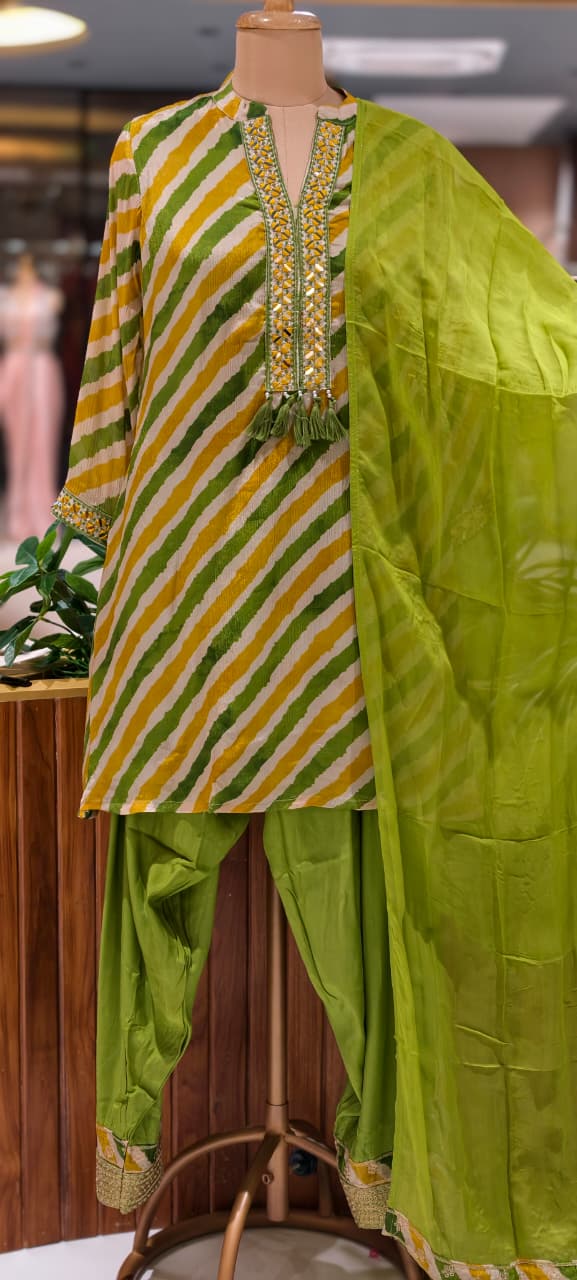 Foli Mirror Thread Embroidery Tassel Accent Lehriya Short Length Kurta With Farsi Salwar & Dupatta In Chinon Fabric-15510