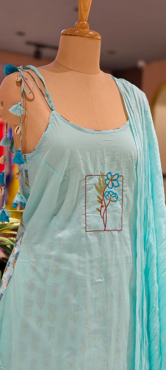 Noodle Strap Summer Style Embroidered Cotton Solid Full Suit Set With Printed Bottom- 15494
