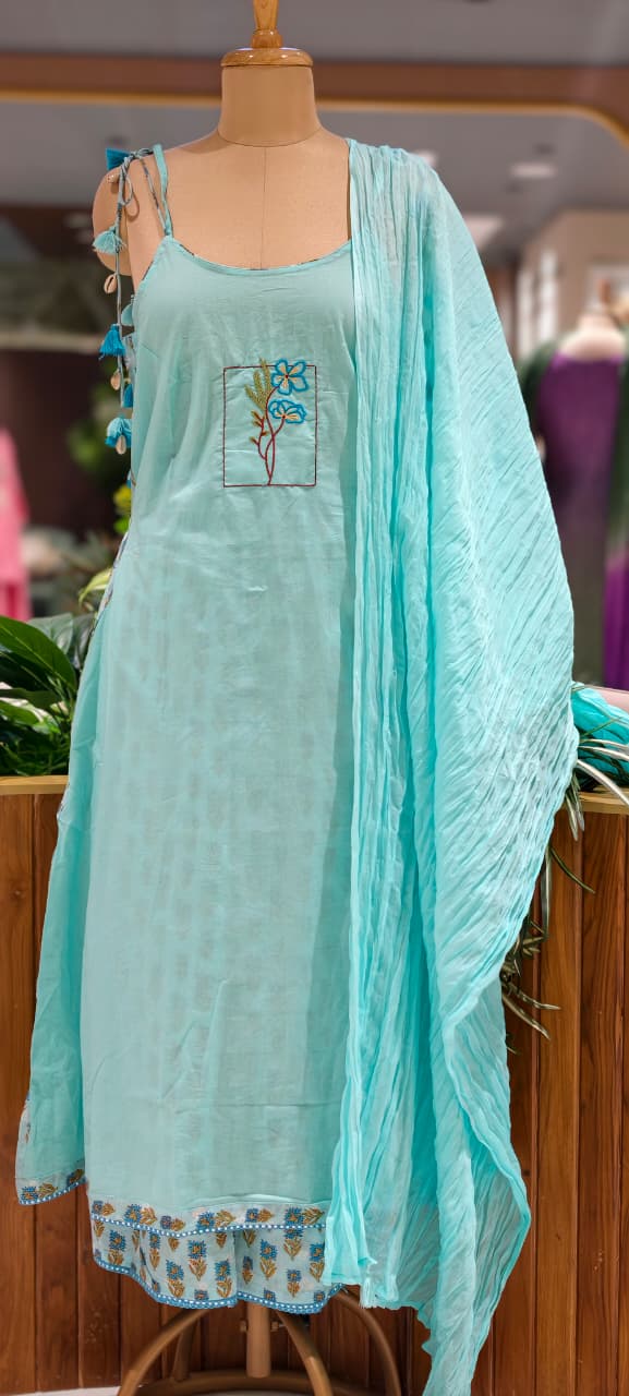 Noodle Strap Summer Style Embroidered Cotton Solid Full Suit Set With Printed Bottom- 15494