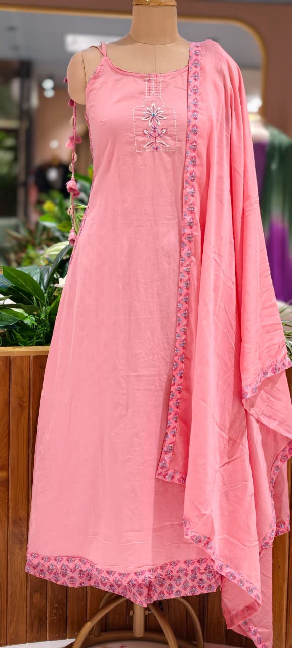 Noodle Strap Summer Style Embroidered Cotton Solid Full Suit Set With Printed Bottom- 15494
