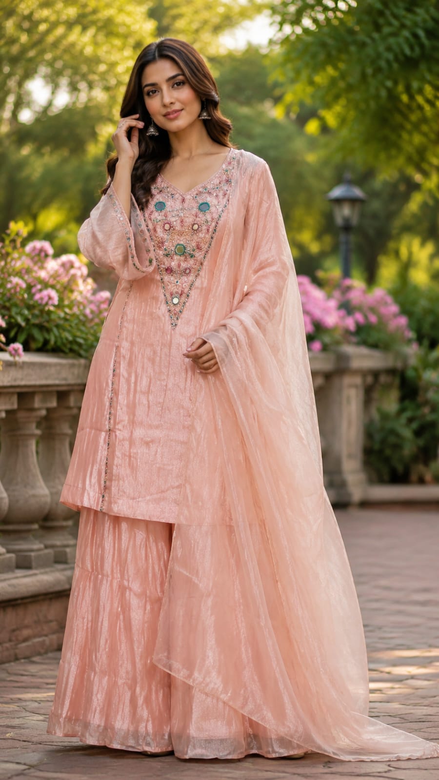 Blush Pink Elegant Sheer Highlighted Yoke Crush Tissue Full Suit Set With Dupatta- 15519