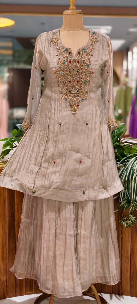 Premium Butter Shine Antique Hand Embellished Yoke Crush Tissue Full Suit Set With Dupatta- 15518