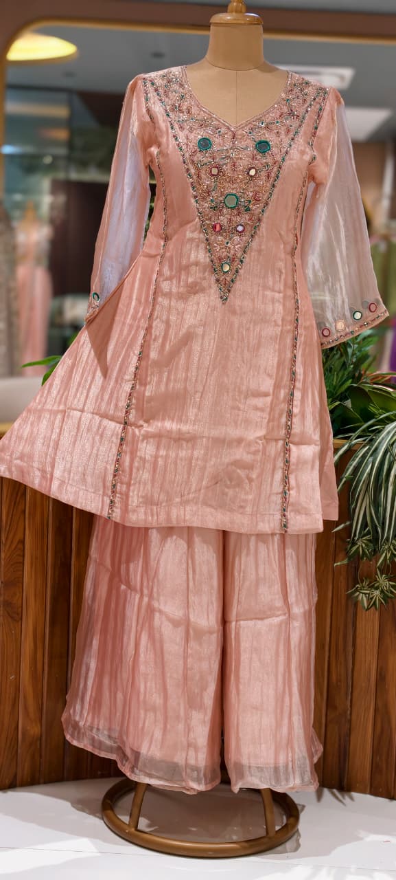 Blush Pink Elegant Sheer Highlighted Yoke Crush Tissue Full Suit Set With Dupatta- 15519