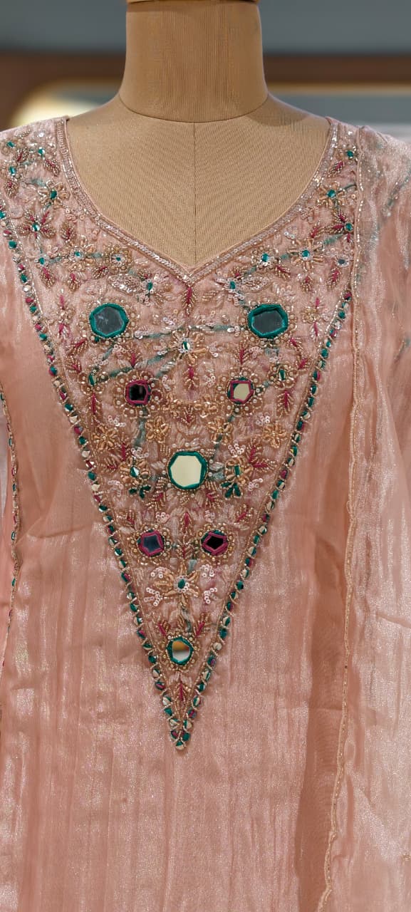Blush Pink Elegant Sheer Highlighted Yoke Crush Tissue Full Suit Set With Dupatta- 15519