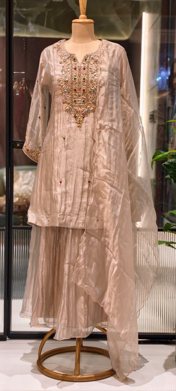 Premium Butter Shine Antique Hand Embellished Yoke Crush Tissue Full Suit Set With Dupatta- 15518