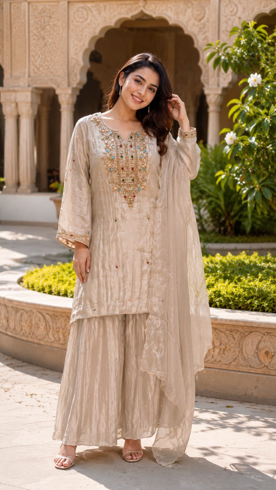 Premium Butter Shine Antique Hand Embellished Yoke Crush Tissue Full Suit Set With Dupatta- 15518