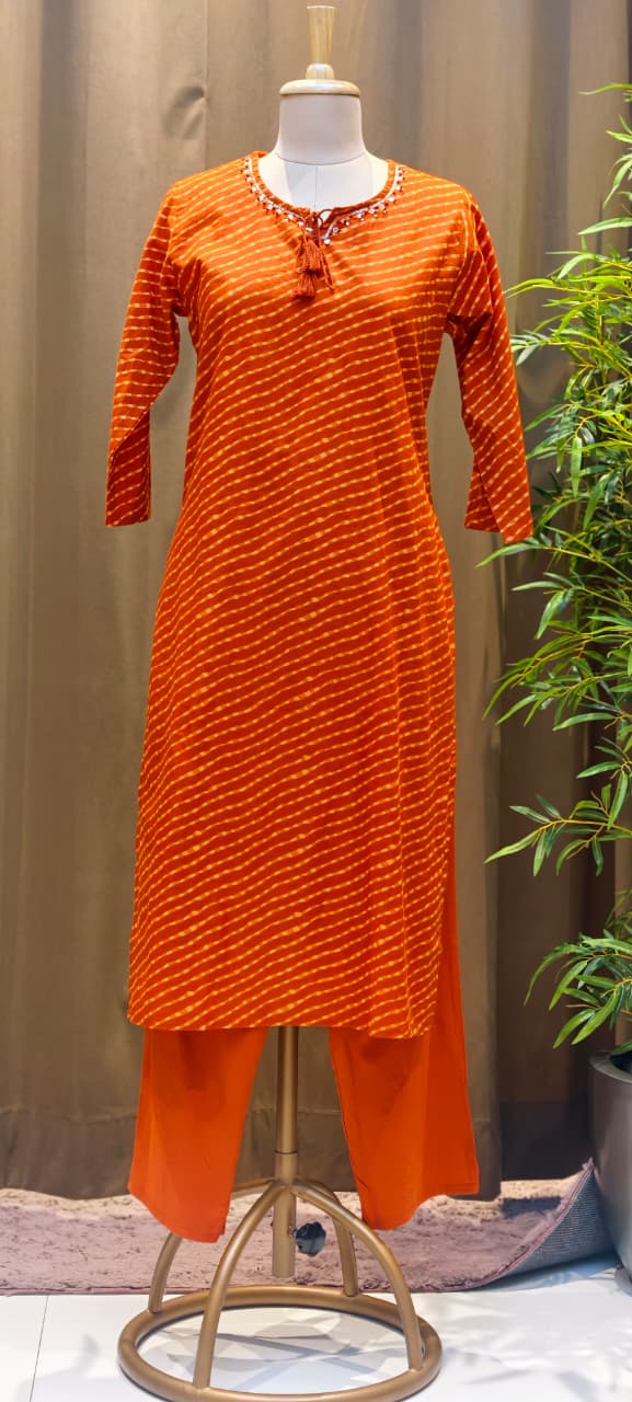Minimal Neck Work Soft Cotton Leheriya Printed Full Suit Set With Dupatta- 15531