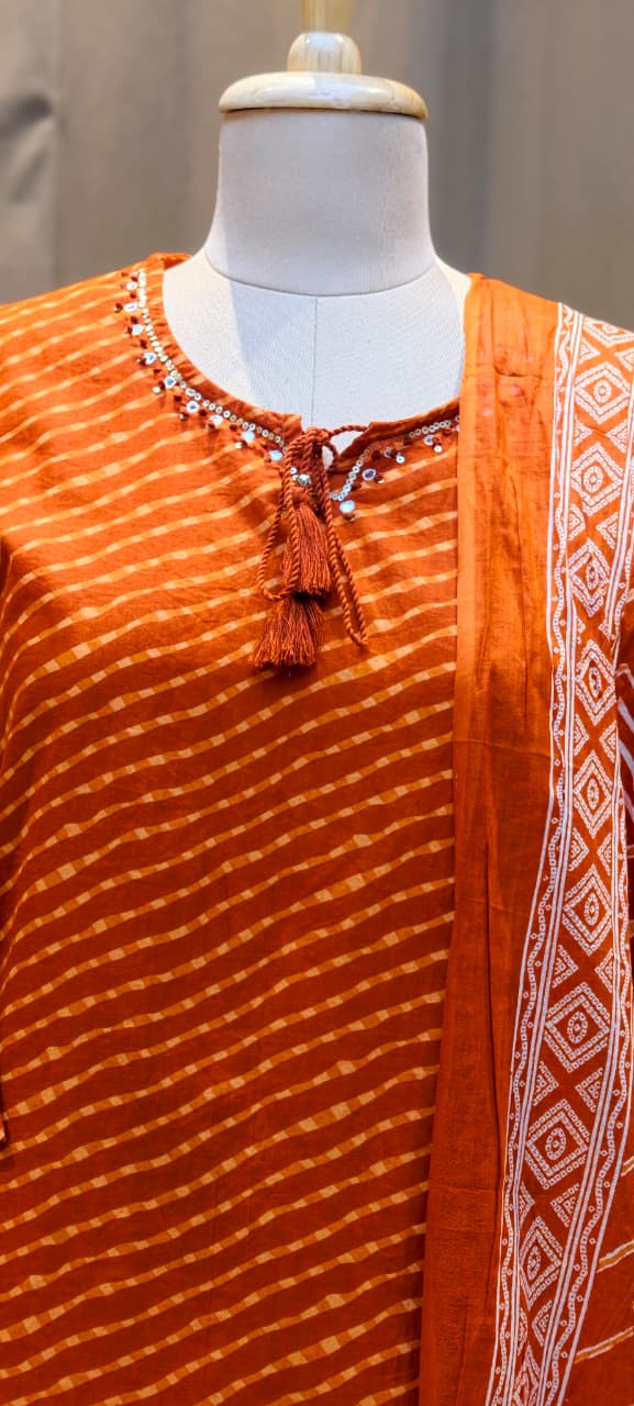 Minimal Neck Work Soft Cotton Leheriya Printed Full Suit Set With Dupatta- 15531