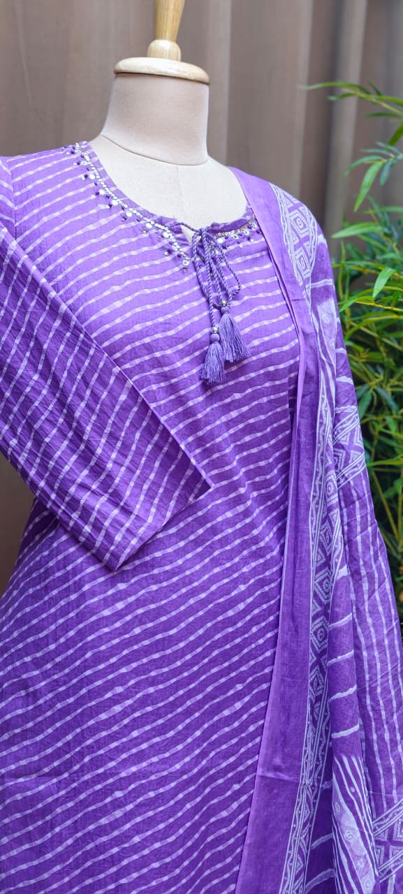 Minimal Neck Work Soft Cotton Leheriya Printed Full Suit Set With Dupatta- 15531