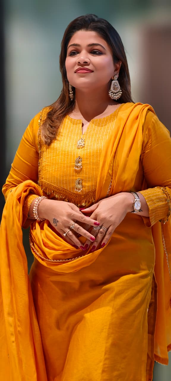 Golden Broach Look Tassel Accent Pleated Russian Silk Full Suit Set With Dupatta