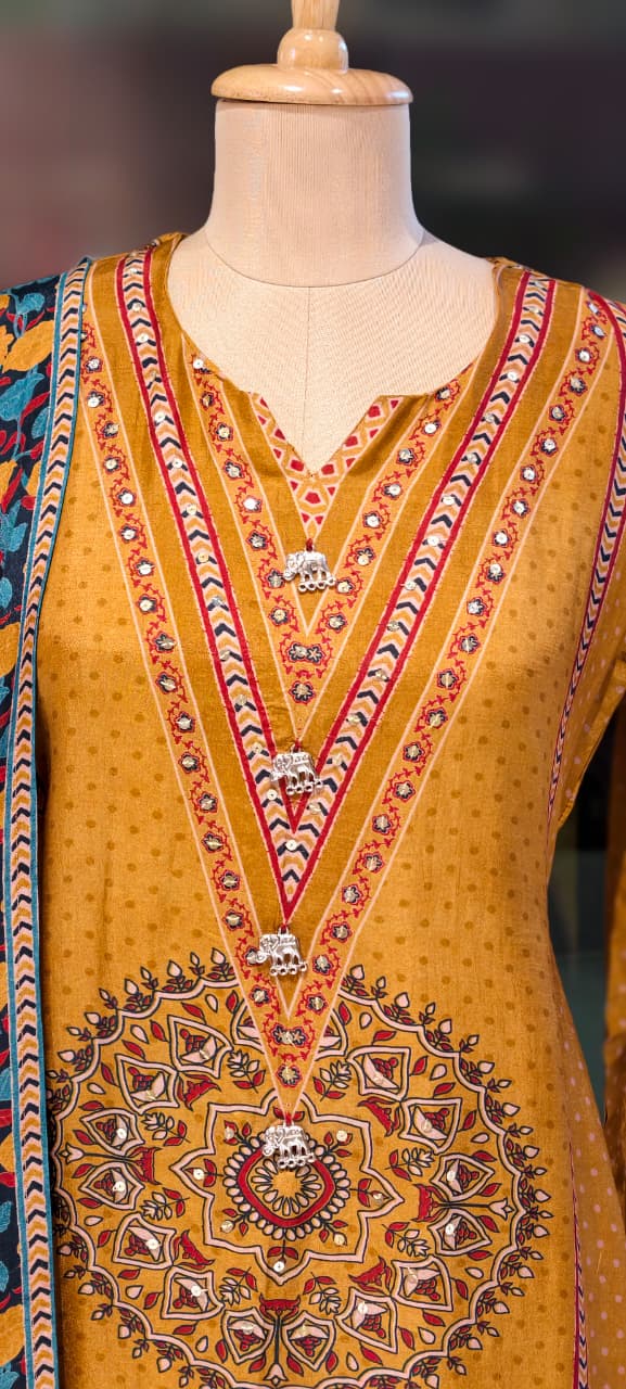 Ajrakh Print Russian Silk A-Line Full Suit Set With Dupatta