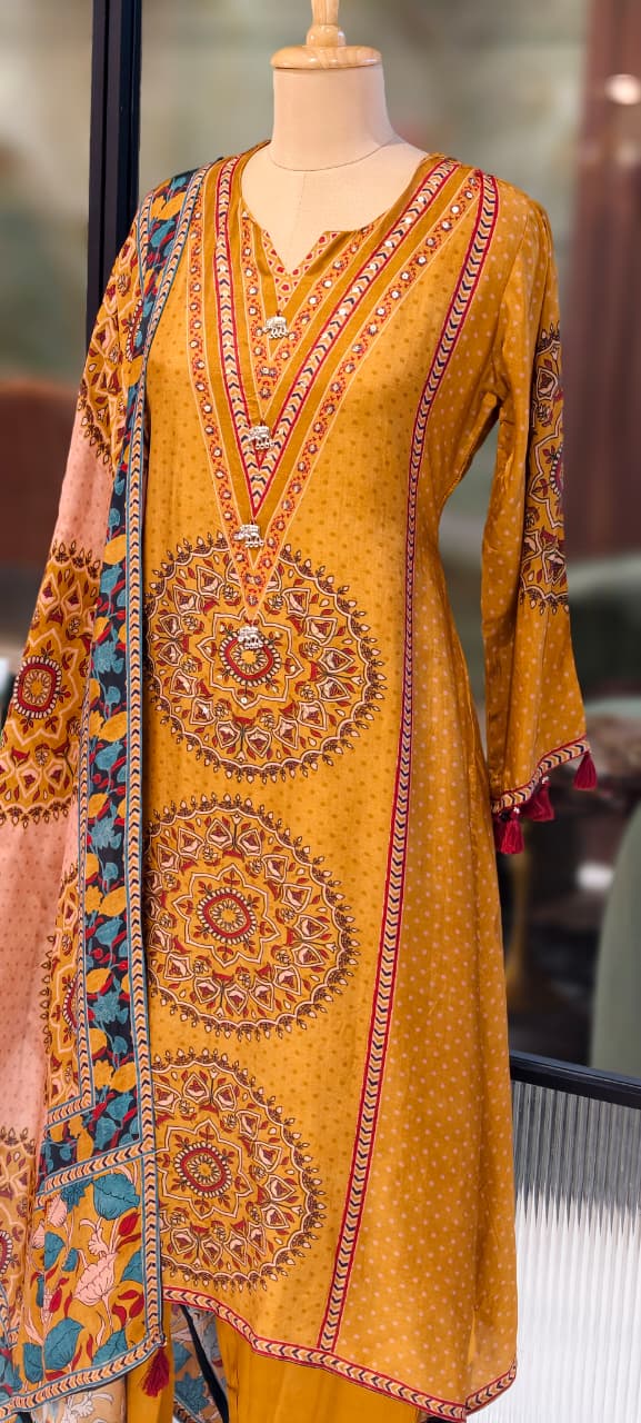 Ajrakh Print Russian Silk A-Line Full Suit Set With Dupatta