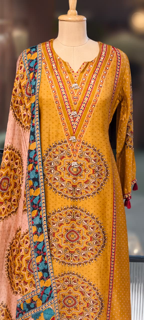 Ajrakh Print Russian Silk A-Line Full Suit Set With Dupatta
