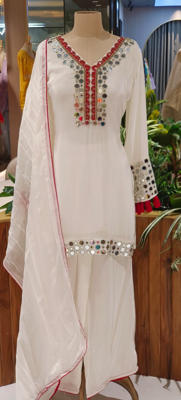 Real Mirror Highlights Tassel Accent Crepe Shirt Length Full Suit Set With Dupatta