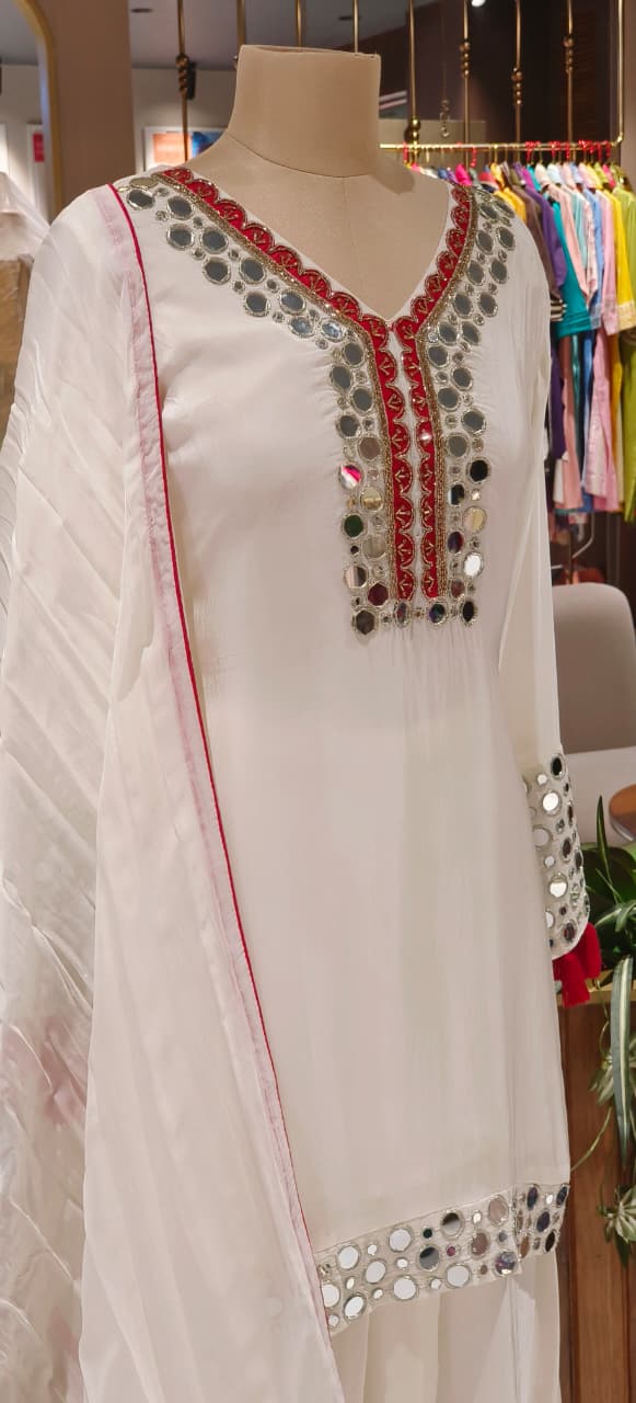 Real Mirror Highlights Tassel Accent Crepe Shirt Length Full Suit Set With Dupatta