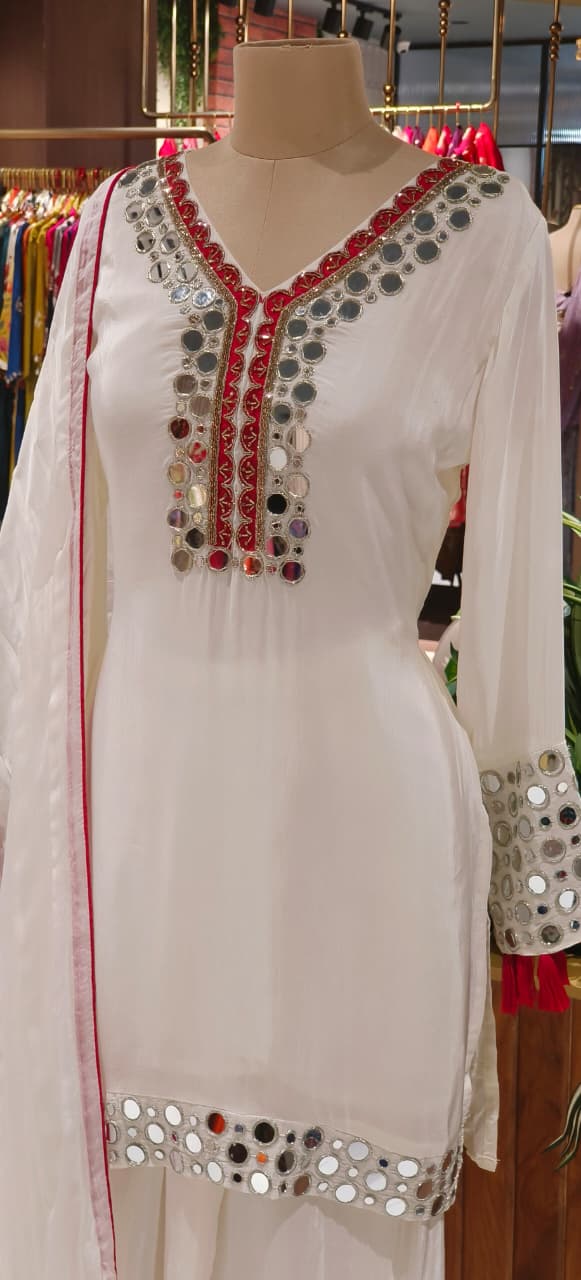Real Mirror Highlights Tassel Accent Crepe Shirt Length Full Suit Set With Dupatta