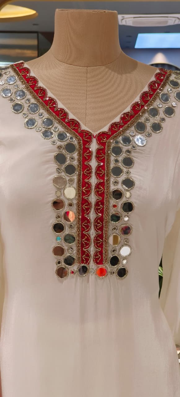 Real Mirror Highlights Tassel Accent Crepe Shirt Length Full Suit Set With Dupatta