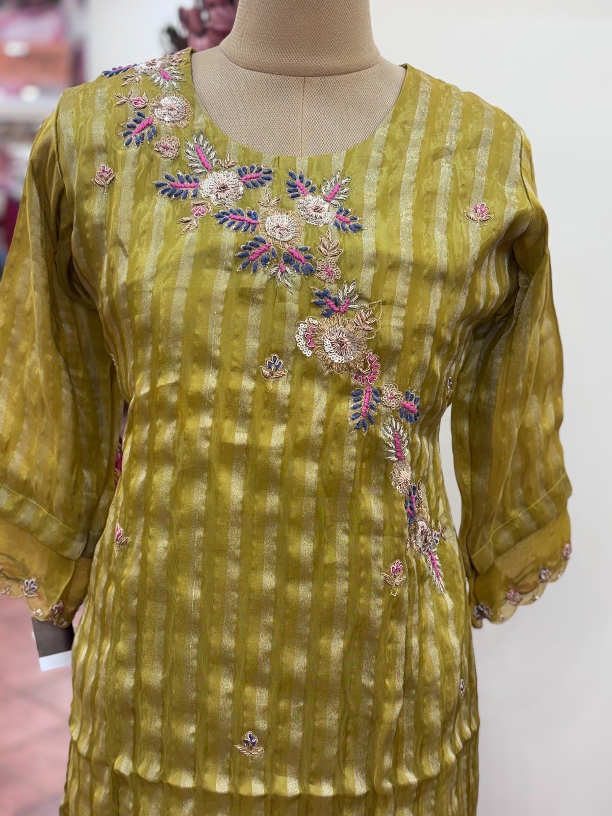 Floral Elegance Embroidered Golden Striped Tissue Full Suit Set With Dupatta
