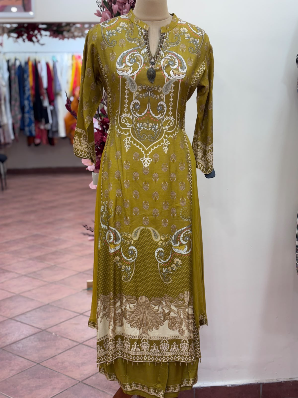 Stylish Lawn Print A-Line Flared Russian Silk Full Suit Set With Dupatta