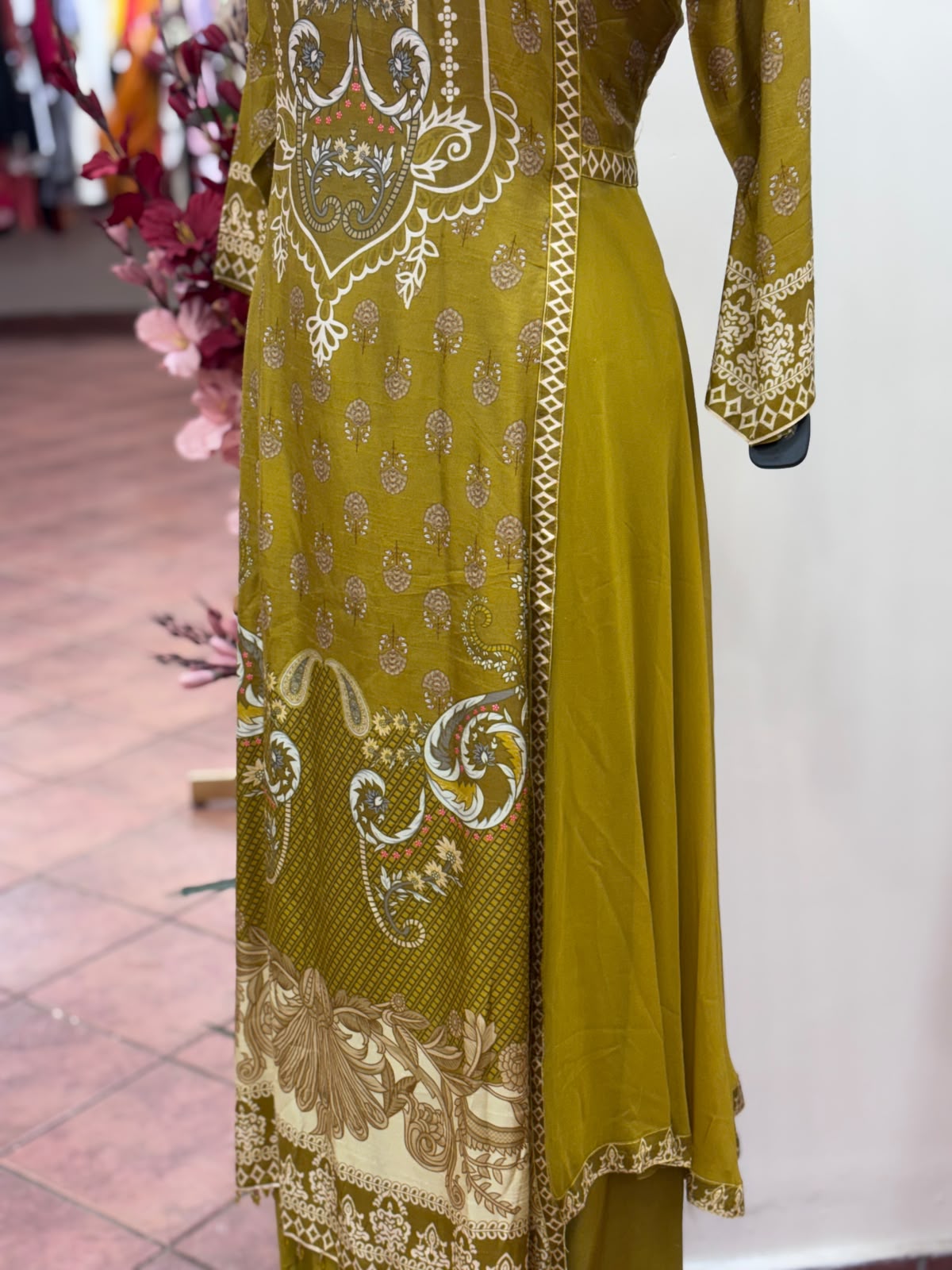 Stylish Lawn Print A-Line Flared Russian Silk Full Suit Set With Dupatta