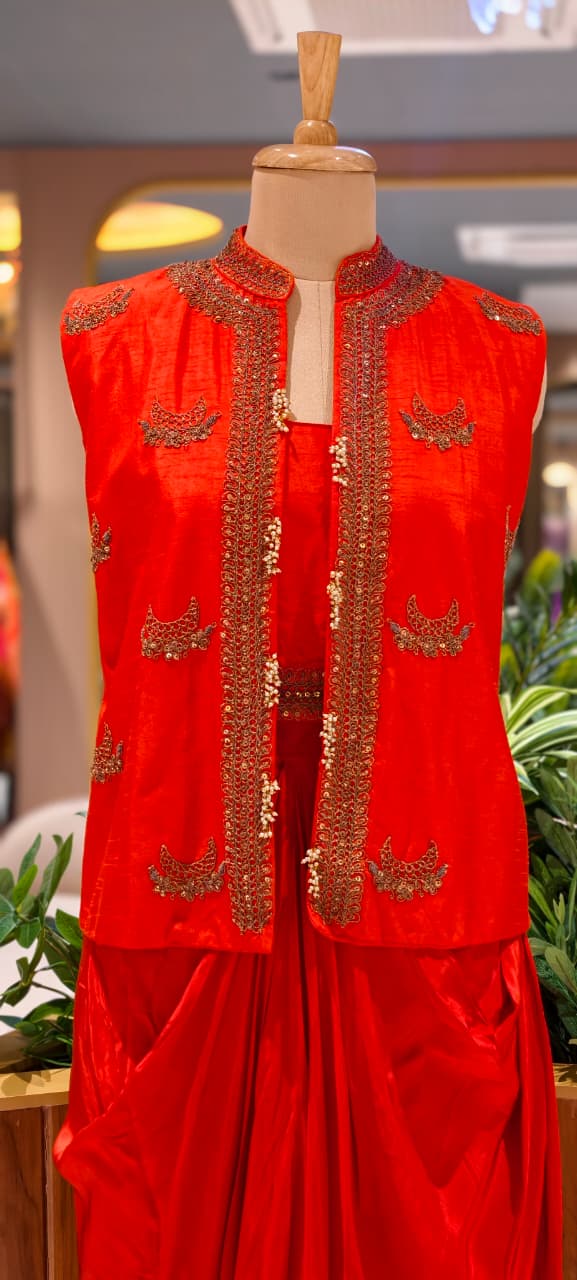 Heavy Embroidered Sequin Embellishment Jacket With Buster & Drape Dhoti Skirt- 15533