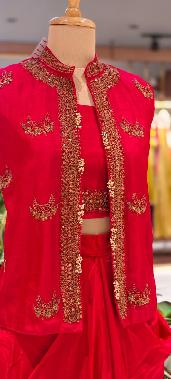 Heavy Embroidered Sequin Embellishment Jacket With Buster & Drape Dhoti Skirt- 15533