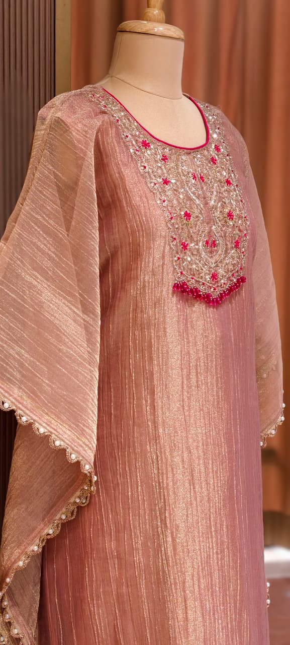 Royal Zardosi Work Beads Tassel Yoke With Pearl Bordered Tissue Kaftan & Loose Palazzo Bottom- 15559