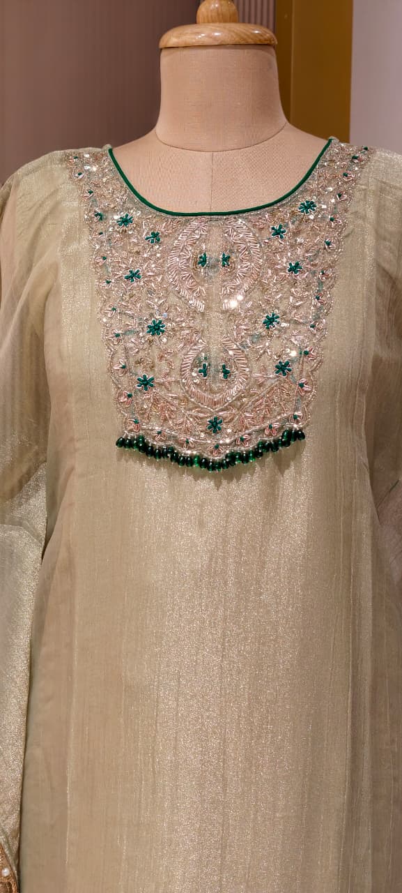 Royal Zardosi Work Beads Tassel Yoke With Pearl Bordered Tissue Kaftan & Loose Palazzo Bottom- 15559