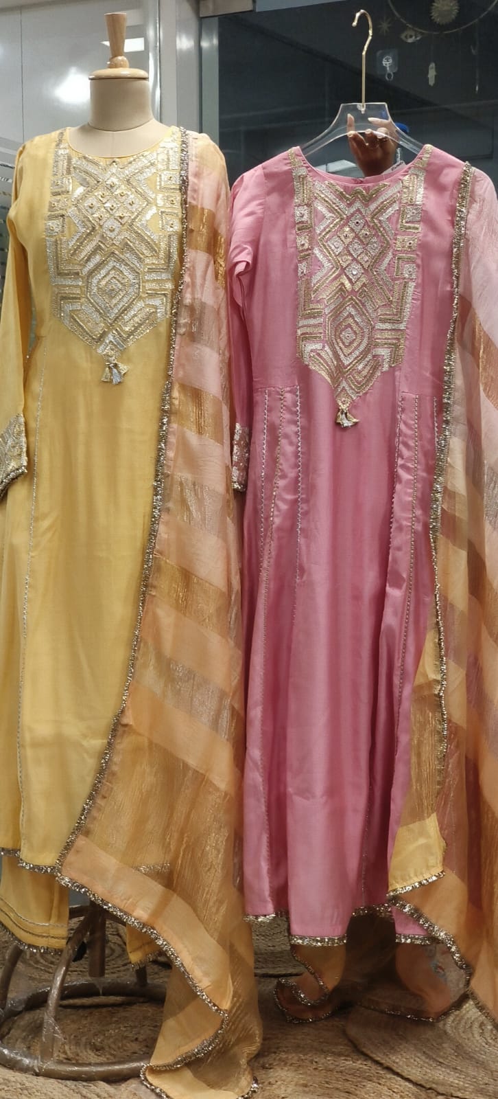 Premium Zardosi Golden Abstract Embroidered Tissue Anarkali Full Suit Set With Dupatta