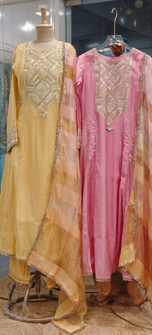 Premium Zardosi Golden Abstract Embroidered Tissue Anarkali Full Suit Set With Dupatta