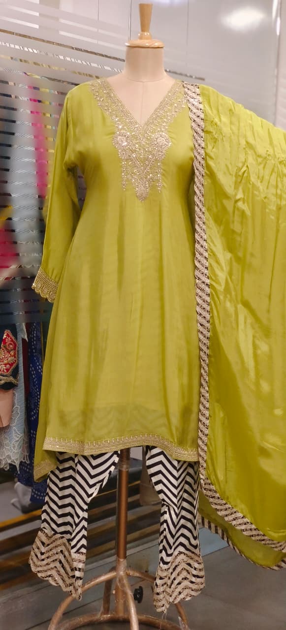 Stripe Elegance Solid A-Line Zari Embroidered Full Suit Set With Dupatta