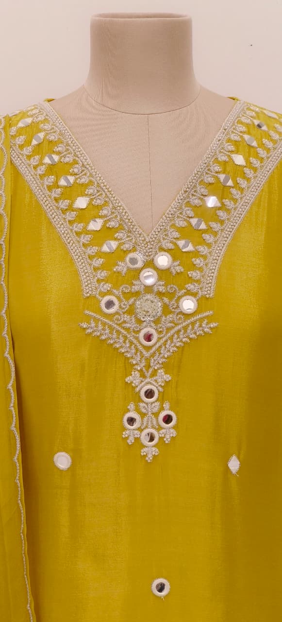 Foil Mirror Intricate Thread Embroidery Chinon Palazzo Full Suit Set With Dupatta