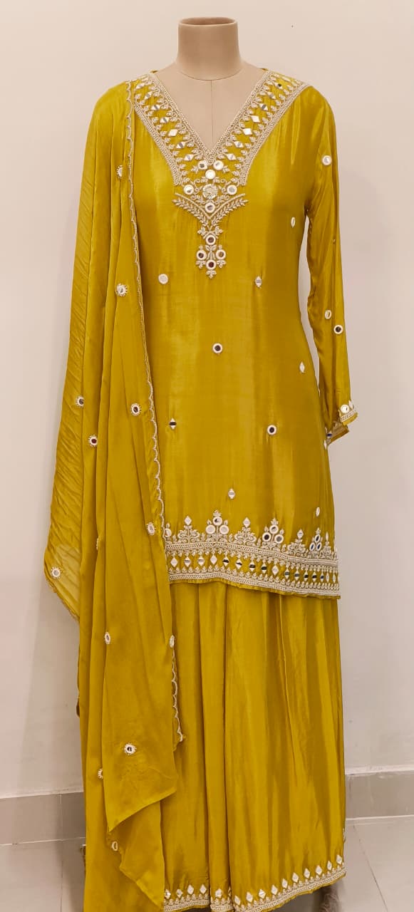 Foil Mirror Intricate Thread Embroidery Chinon Palazzo Full Suit Set With Dupatta