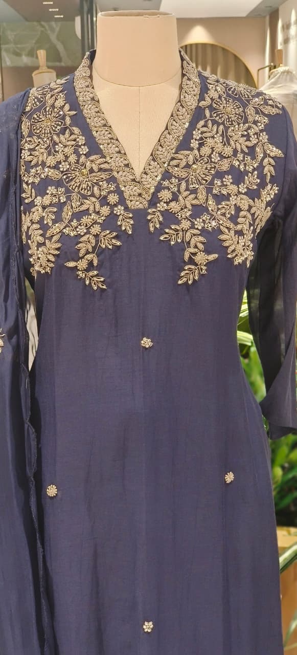 Magenta Mul Chanderi Festive Full Suit Set with Heavy Silver Zardozi Embroidery & Dupatta- 12770
