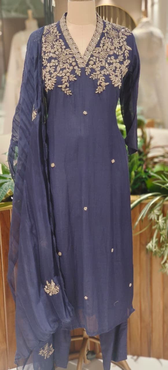 Magenta Mul Chanderi Festive Full Suit Set with Heavy Silver Zardozi Embroidery & Dupatta- 12770