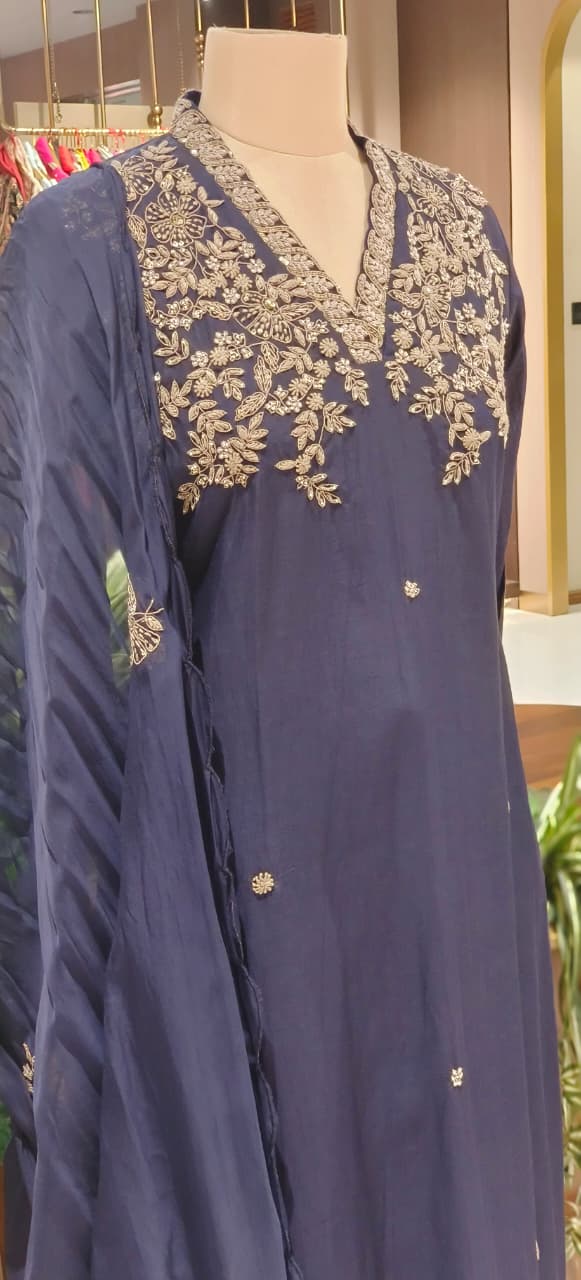 Magenta Mul Chanderi Festive Full Suit Set with Heavy Silver Zardozi Embroidery & Dupatta- 12770