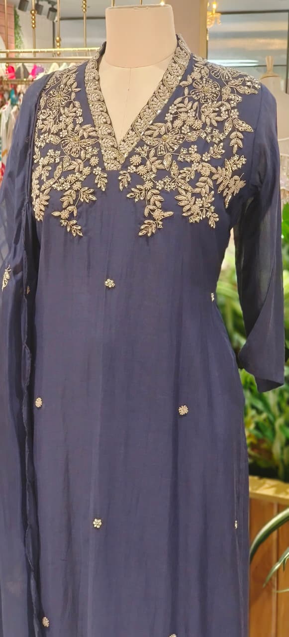 Magenta Mul Chanderi Festive Full Suit Set with Heavy Silver Zardozi Embroidery & Dupatta- 12770