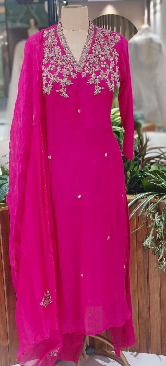 Magenta Mul Chanderi Festive Full Suit Set with Heavy Silver Zardozi Embroidery & Dupatta- 12770