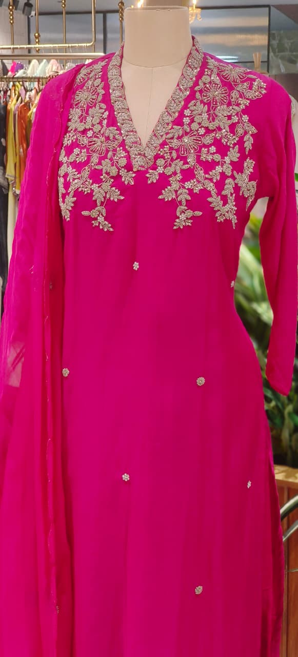 Magenta Mul Chanderi Festive Full Suit Set with Heavy Silver Zardozi Embroidery & Dupatta- 12770