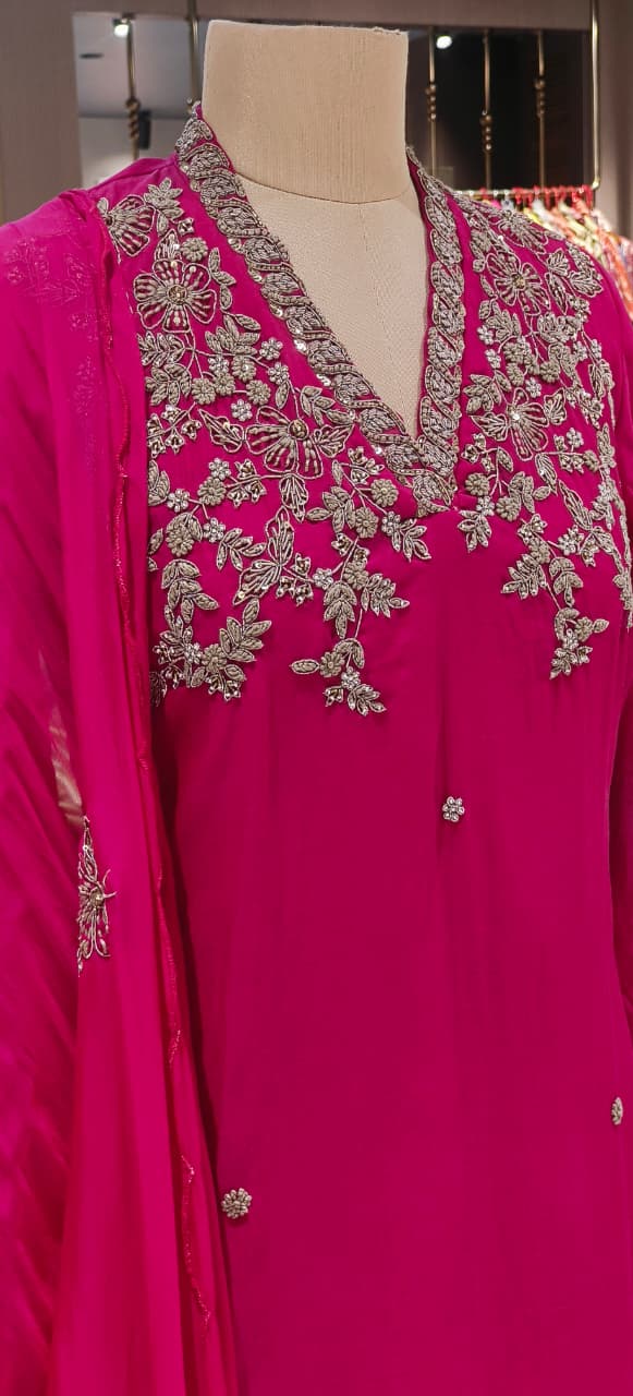 Magenta Mul Chanderi Festive Full Suit Set with Heavy Silver Zardozi Embroidery & Dupatta- 12770