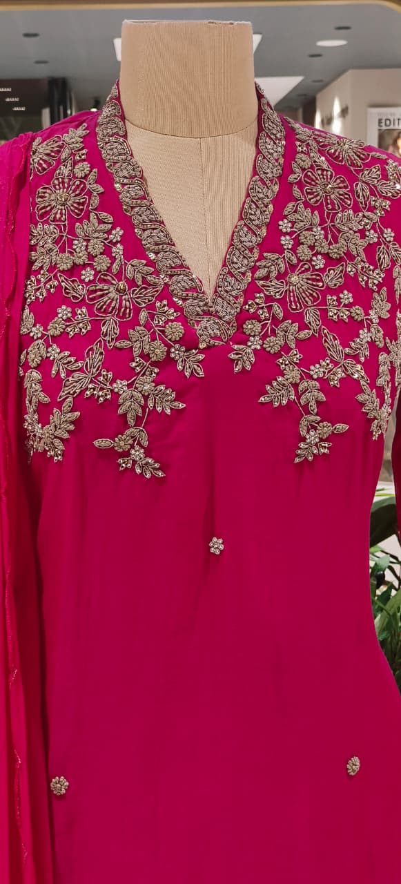 Magenta Mul Chanderi Festive Full Suit Set with Heavy Silver Zardozi Embroidery & Dupatta- 12770