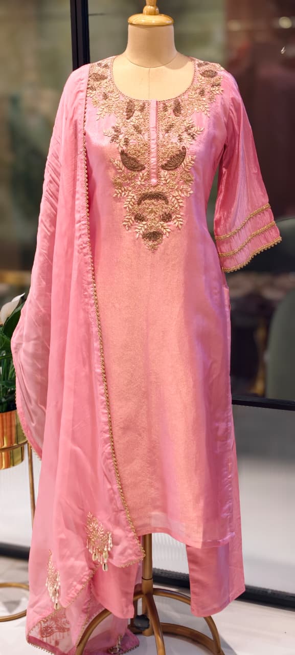 Intricate Fine Zardosi Embroidery Tissue Full Suit Set With Dupatta