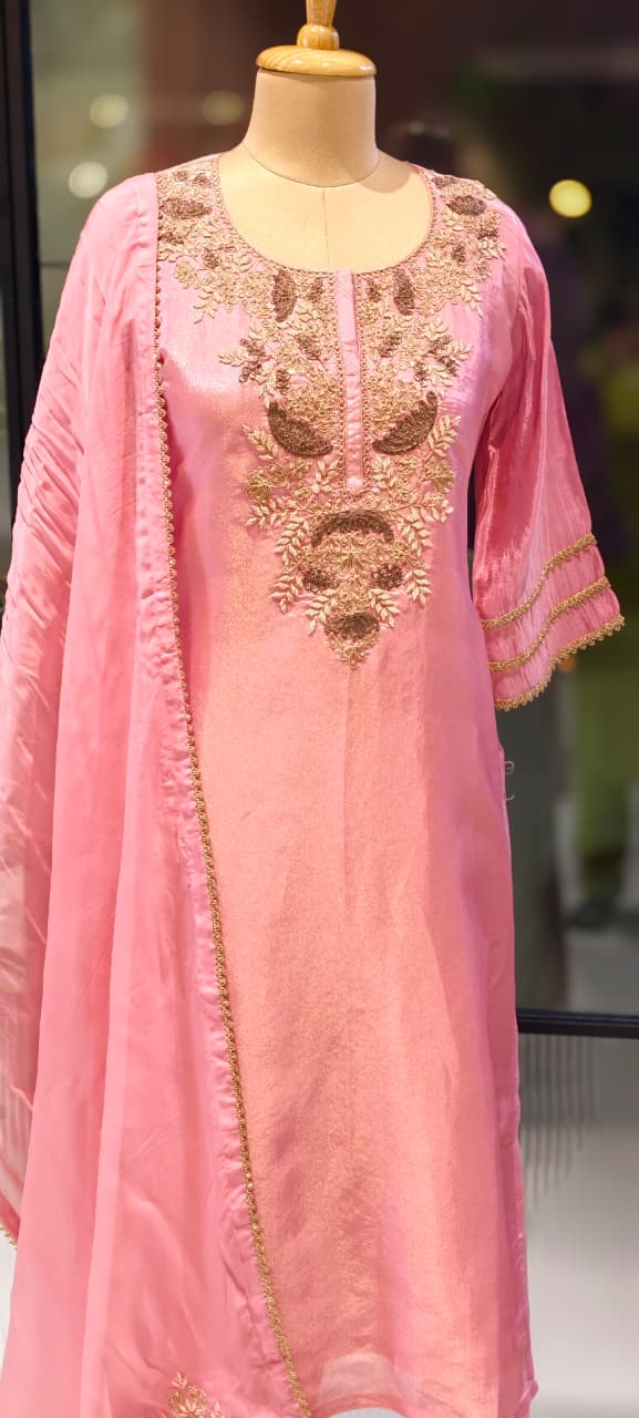 Intricate Fine Zardosi Embroidery Tissue Full Suit Set With Dupatta