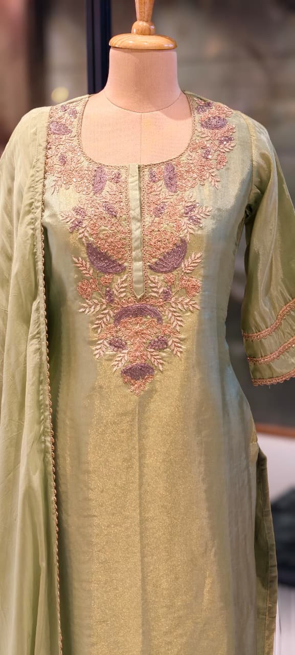 Intricate Fine Zardosi Embroidery Tissue Full Suit Set With Dupatta