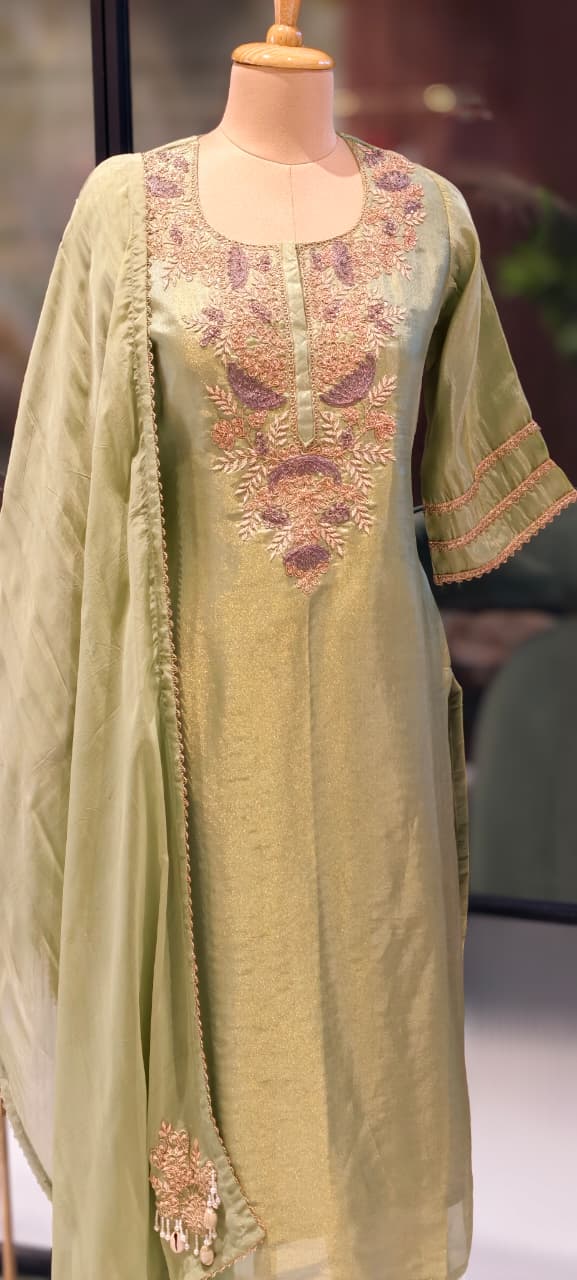 Intricate Fine Zardosi Embroidery Tissue Full Suit Set With Dupatta