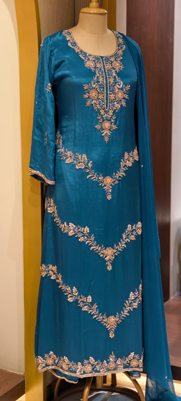 Pure Chinon Pakistani Style Elegant Handwork Embroidered Full Suit Set With Dupatta
