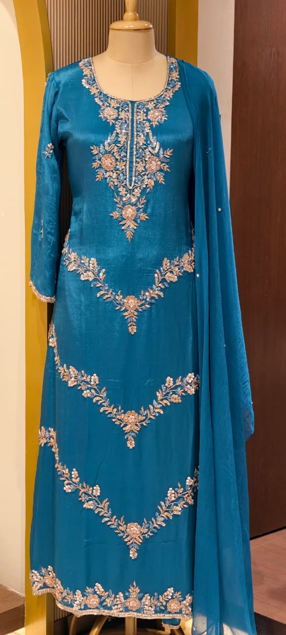Pure Chinon Pakistani Style Elegant Handwork Embroidered Full Suit Set With Dupatta