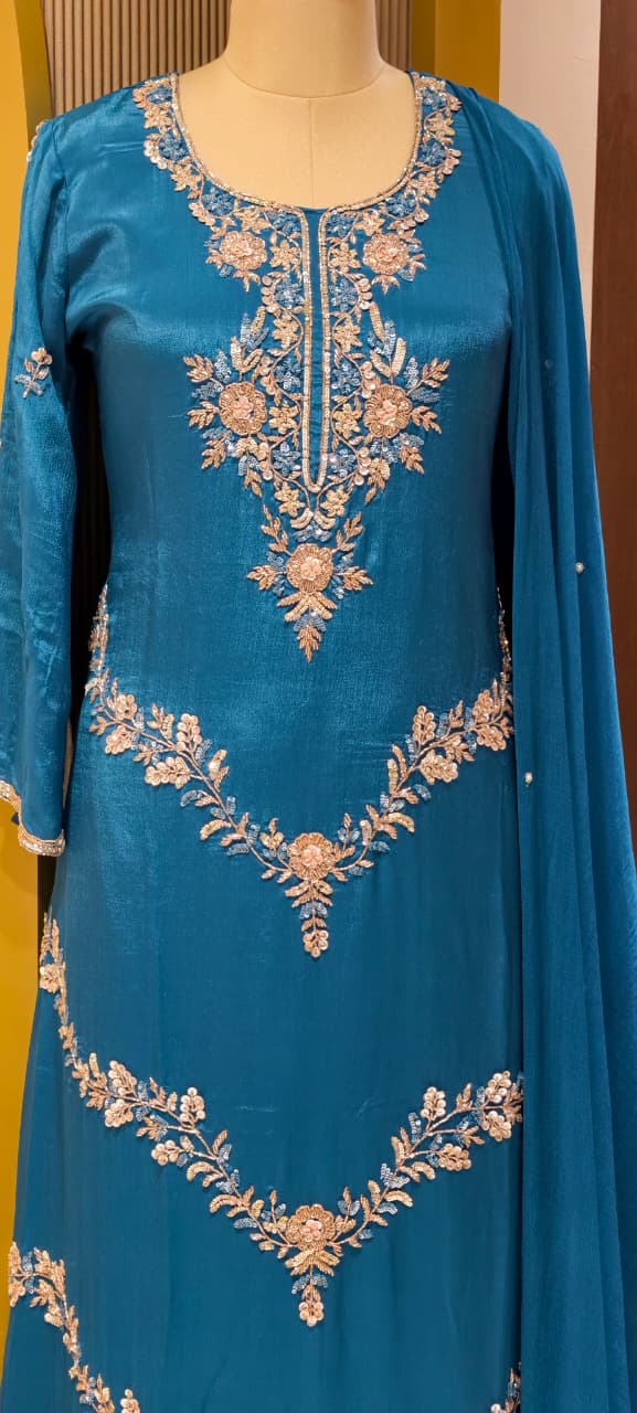 Pure Chinon Pakistani Style Elegant Handwork Embroidered Full Suit Set With Dupatta